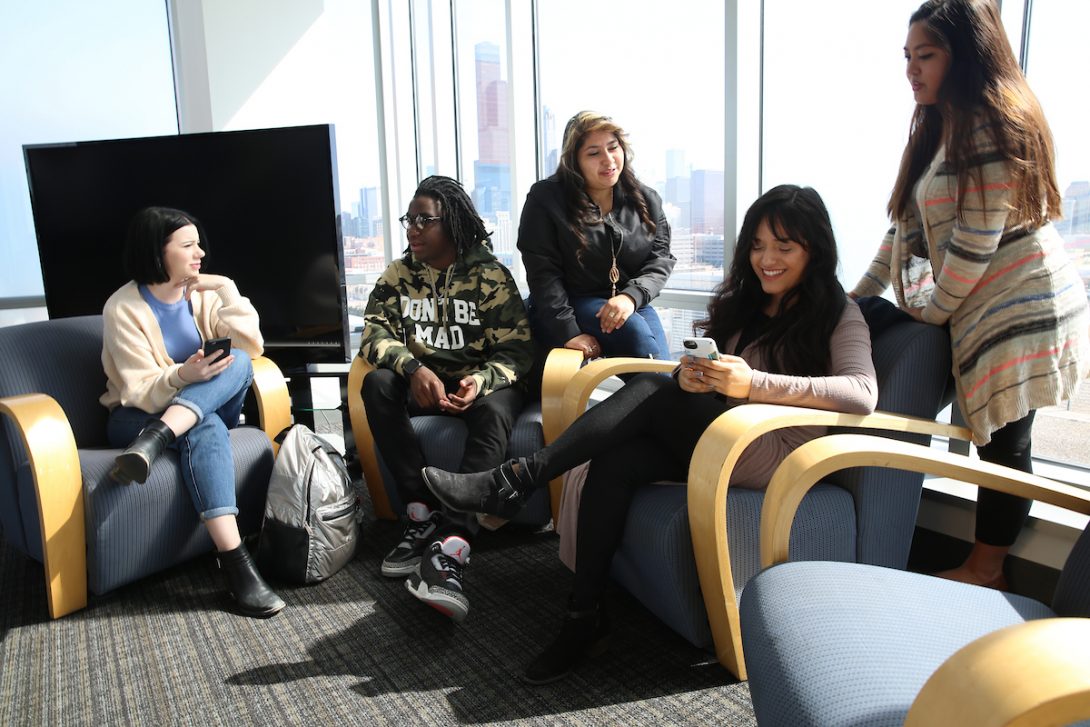 students hanging out in JST tower lounge