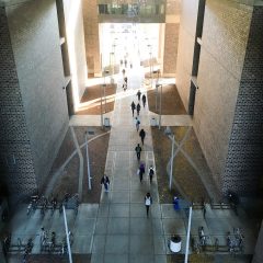 arial view of walkway between buildings with students